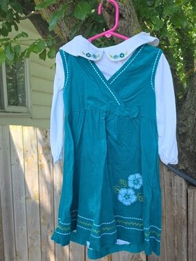 Girls' Teal Floral Sailor Dress with White Collar and Long Sleeves